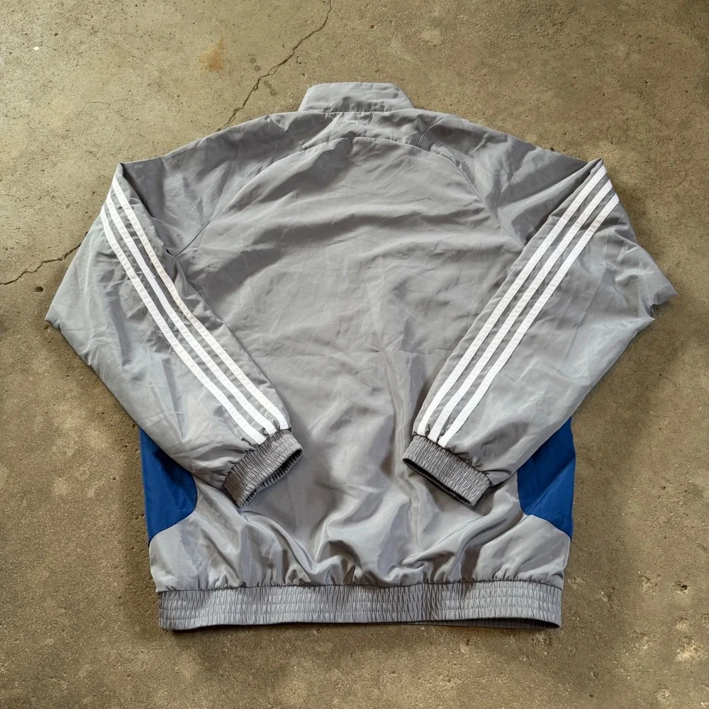 Adidas Track Jacket Mens Small Gray Blue Climalite Full Zip 3 Stripe RN 88387
